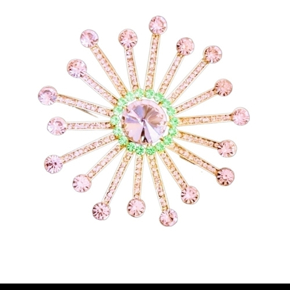 Iridescent Rhinestone Floral Burst Brooch Pink & Green NWOT